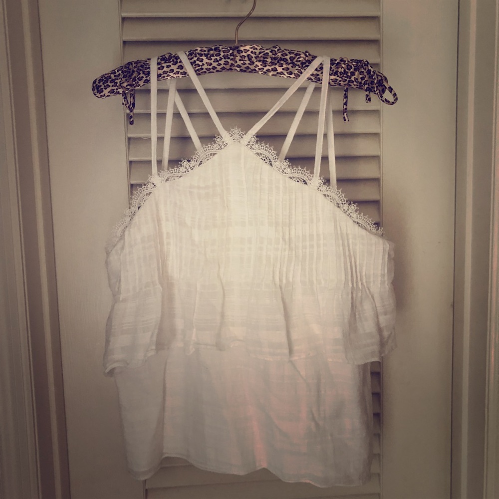 WHBM white cotton lace gauze halter tank top xs